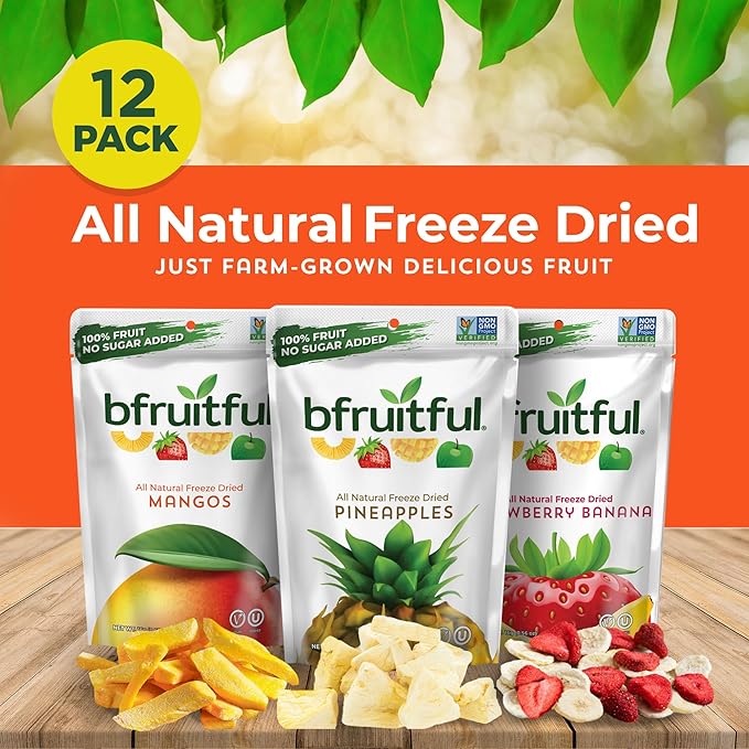 bfruitful Freeze-Dried Mangos, Strawberry Bananas, Pineapples Variety Pack, Freeze Dried Fresh Fruit Bites, Gluten Free, Vegan, Dairy Free, Kosher, No Sugar Added, Non GMO, Healthy Snacks for Kids or Adults, 0.56 oz Single-Serve Snack Packets, 12 Pack