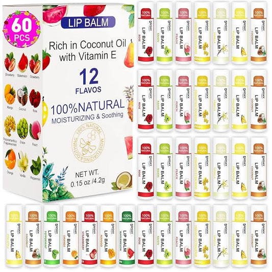 DMSKY 60 Pack Lip Balm, Natural Lip Balm Bulk with Vitamin E and Coconut Oil, Moisturizing Lip Balm for Chapped Lips, Bulk Lip Balm for Women-12 Flavors