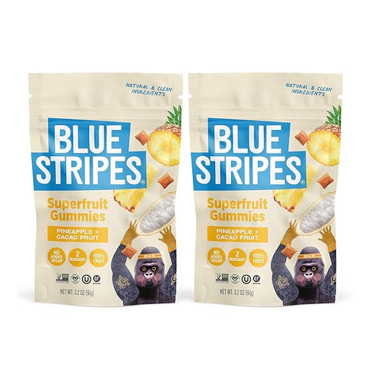 Blue Stripes Cacao Superfruit Gummies - Vegan Chewy Fruity Snack, No Sugar Added 100% Fruit Gummy, 9 Essential Vitamins & Minerals, Natural Tropical Superfood - Pineapple & Cacao, 3.2 oz (2 Pack)
