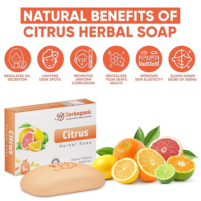 HERBOGANIC Citrus Herbal Soap | Pack of 6 of 5oz soap Bar | Ideal for Men and Women, Soothing and Nourishing Soap for Moisturization