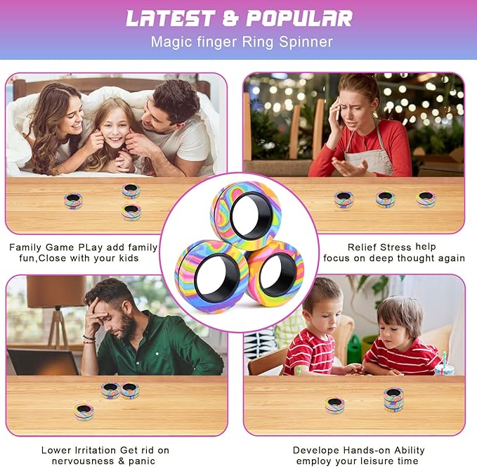 3Pcs Magnetic Rings Fidget Toy Set, ADHD Anxiety Magnetic Fidget Toys Adults Fidget Spinner Rings for Relief, Christmas Stocking Stuffers Gifts for 8+ Year Old Teen Boy Girl