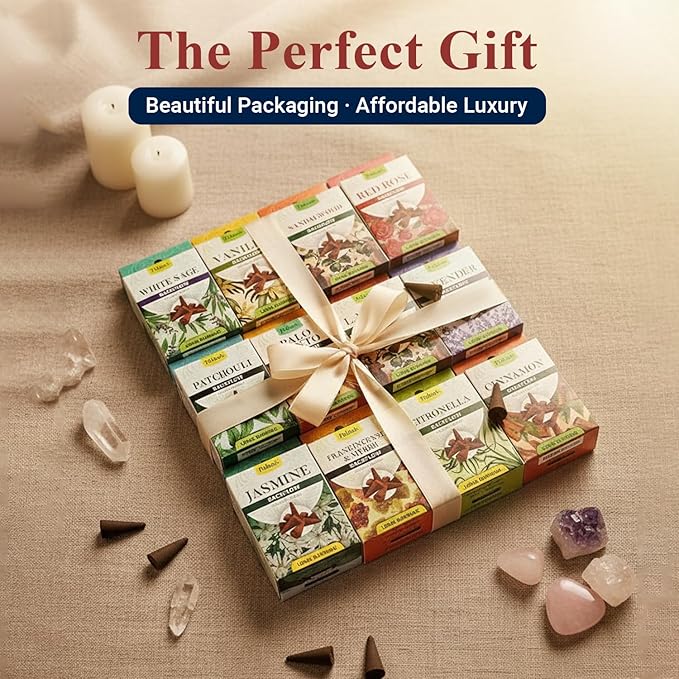 Tulasi Backflow Incense Cones with Natural Oils, Scents Set of 12 Fragrances (120 Cones) Calming Home Aromatherapy, Yoga, Meditation, Relaxing, Mixed Scents with Natural Oils, Thanks Giving