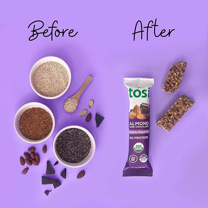 Tosi Dark Chocolate Almond Protein Bars, Plant Based with Nuts, Gluten-Free Crunchy Snacks, Vegan, Organic, Flax & Chia Seeds, Soy-Free, Omega 3s, 6G Protein, 1 oz, 12-Pack