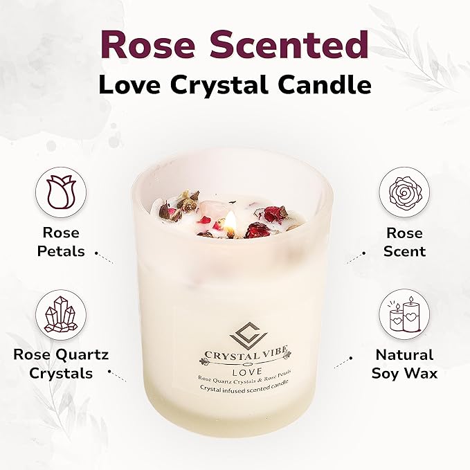 Crystal Vibe Rose Scented Candle for Love Romance Attraction - Love Candle with Rose Quartz Crystals - Aromatherapy Candles