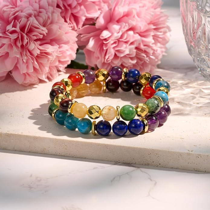 Bivei Natural Gemstone Semi Precious Healing Crystals Handmade Stretchy Round Beads Bracelet, Enhance Positive Energy