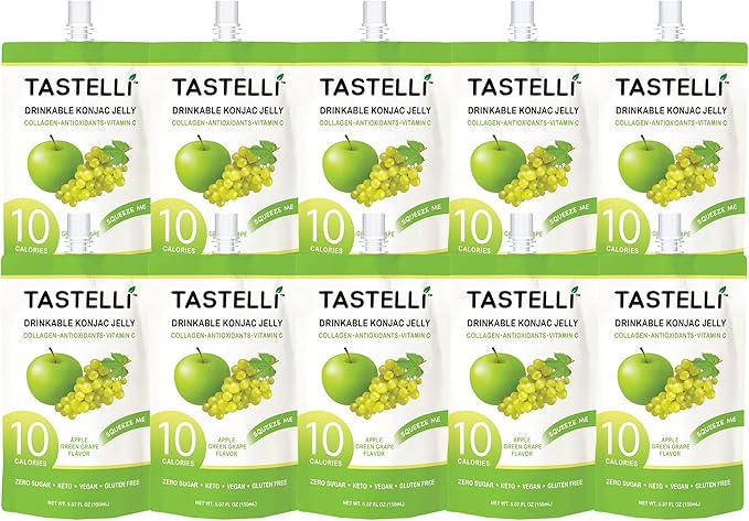 Konjac Jelly Infused with Collagen Drink + Vitamin C + Antioxidants / 10 Calories, Vegan, Zero Sugar/Healthy Drinkable Dessert Pouch / (Apple + Green Grape) - 150mL x 10 Pouches