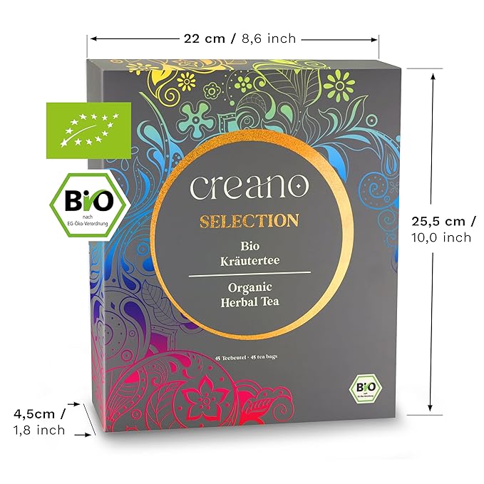 Creano Organic Herbal Tea Gift Set Grey - 45 Organic Tea Bags in 9 Different Varieties - 90 g