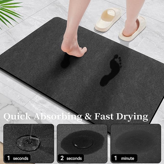 Bath Mat Rugs 32x17 - Diatomaceous Earth Bath Mats Quick Dry Absorbing Bathroom Rugs Rubber Non Slip Thin Bathroom Mat Fit Under Door, Bath Mat for Bathroom Floor, Tub and Shower, Sink, Dark Grey