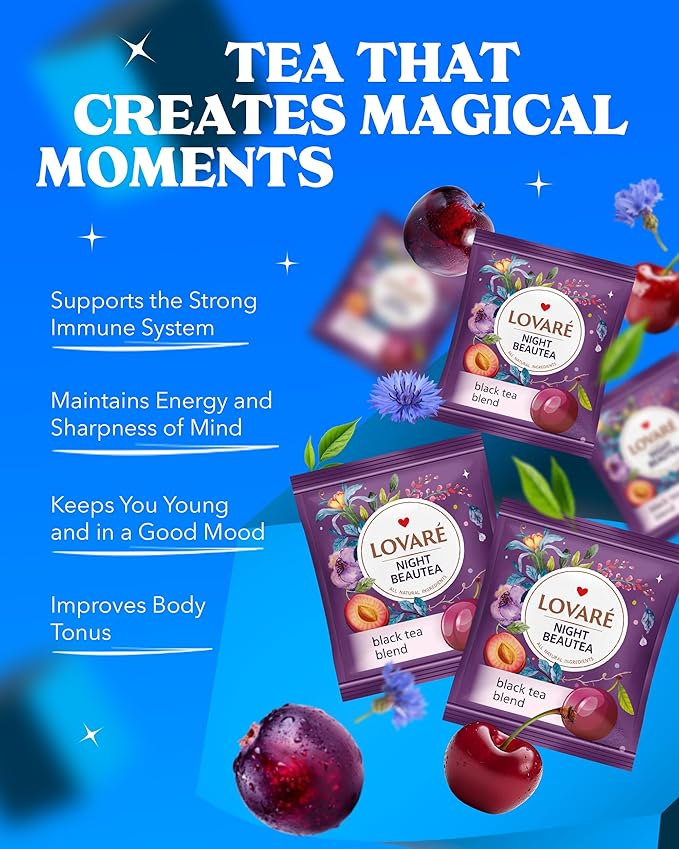 LOVARE Night Beautea Tea Bags 48 g - Made in Ukraine - Ceylon Black Tea, Cherry Berries, Cornflower Petals, Royal Pomegranate Plum - Individually Wrapped - Gift Box for Tea Lovers (24 x 2 g)