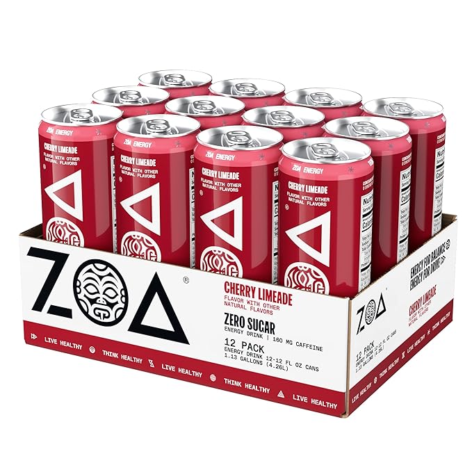 ZOA Zero Sugar Energy Drinks, Cherry Limeade - Sugar Free with Electrolytes, Healthy Vitamin C, Amino Acids, Essential B-Vitamins, and Caffeine from Green Tea - 12 Fl Oz (12-Pack)
