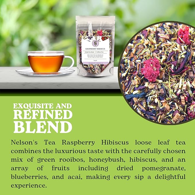 Nelson's Tea Raspberry Hibiscus Tea - Caffeine Free, Cut & Sifted Green Rooibos, Honeybush, Dried Raspberries, Acai, and Pomegranate Loose Leaf (Sample 0.4 Oz)