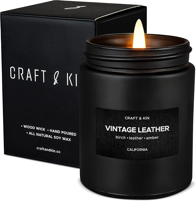 Craft & Kin Premium Vintage Leather Candle | Black Fall Scented Candles for Men | Long Lasting with 45 Hour Burn Time, 7.6oz | Made with Fall Soy Candles | Aromatherapy at Home | Gifts for Men