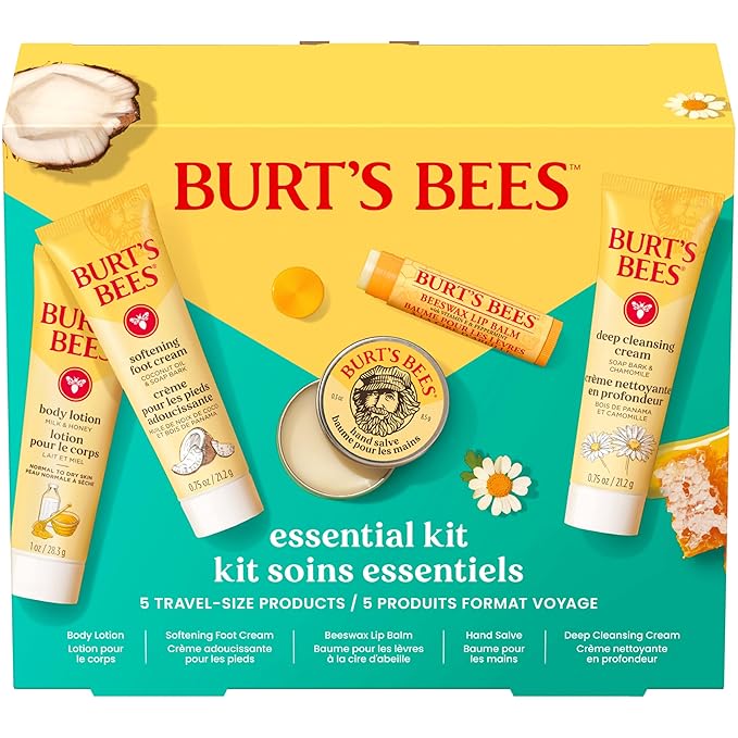 Burt's Bees Christmas Gifts - Essentials Everyday Set, 5 Travel Size Products for Stocking Stuffers - Deep Cleansing Cream, Hand Salve, Body Lotion, Foot Cream and Original Lip Balm
