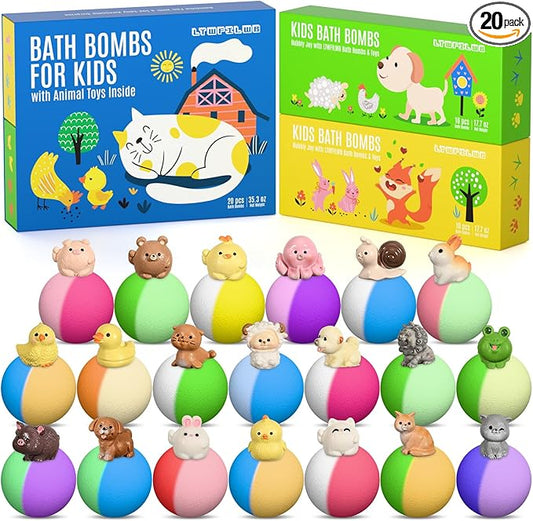 Bath Bombs for Kids with Toys Inside, 20 Kids Bath Bombs with Animal Toys Inside, Skin-Friendly, Non Toxic, Handmade Organic Natural Bubble Bath Fizzies, Birthday Gifts for Girls Boys