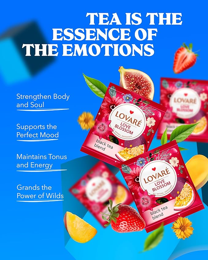 Individually Wrapped Tea Bags By Lovare Made in Ukraine - Black and Green, Floral, Passion Fruit, Huchlebbery Herbal Set with Flowers - Gift Box For Blooming Tea Lovers Men & Women - 48 g (24 tea bags x 2 g each) (Love Blossom)