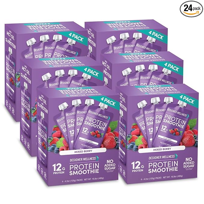 Designer Wellness Protein Smoothie, Real Fruit, 12g Protein, Low Carb, Zero Added Sugar, Gluten-Free, Non-GMO, No Artificial Colors or Flavors, Mixed Berry, 24 Count