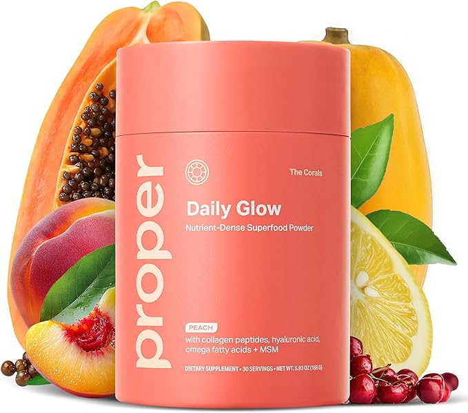 Proper, The Corals Daily Glow Beauty Blend - Nutrient Dense Superfood Powder with Collagen Peptides, Hyaluronic Acid Powder, Vitamin C, and MSM. Hair, Skin, Nail Vitamin Supplement for Women & Men