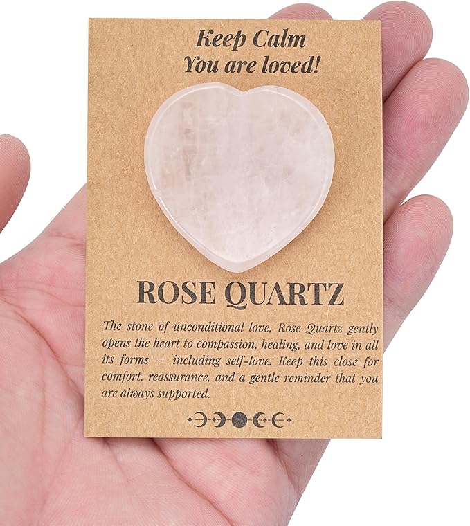 QianCannaor Rose Quartz Heart Shaped Worry Stone for Adults • Crystals and Healing Stones for Anxiety, Stress Relief & You are Loved! • Pocket Palm Stone with Affirmation Card