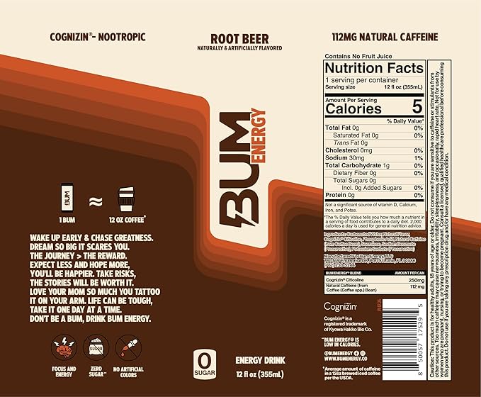 BUM Zero Sugar Energy Drink Variety Pack – Root Beer, Beer, Dr. Bum, Cola & Grape – Lightly Carbonated Sports Beverage with Natural Caffeine & Citicoline for Focus & Energy – 12 fl oz (12-Pack)