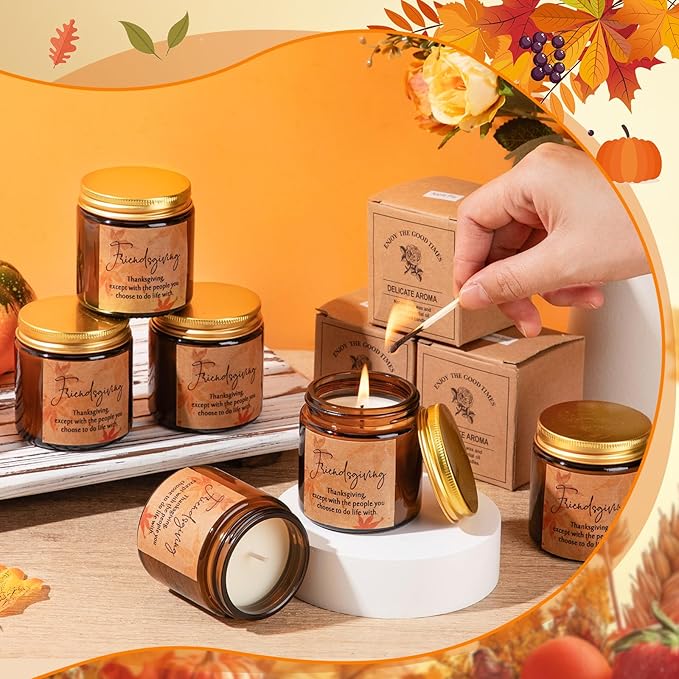 6 Pcs Thanksgiving Gifts Fall Scented Candles Set 3.5 Oz Soy Wax Pumpkin Scented Glass Jar Candle Friendsgiving Gift for Friends Coworker Women Men Autumn Birthday (Amber)