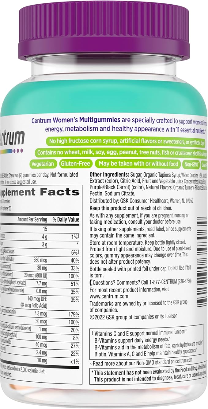 Centrum Women’s Multivitamin Gummies, Immune, Energy, Healthy Appearance Support, 100 Count, 50 Day Supply