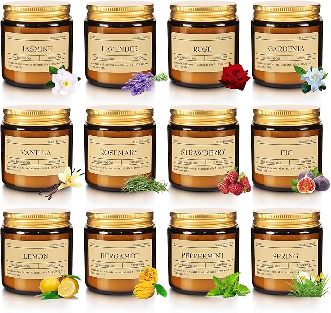 24-Pack Scented Candle Gift Box - 12 scents to Choose from (Rose/Lavender/Lemon/Vanilla), Natural Soy Wax - Birthday, Halloween and Christmas