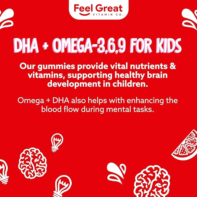 Feel Great Vitamins Kids DHA Gummies with Omega 3 6 9, Vitamin C (2-Pack) | Supports Healthy Brain Function, Vision & Heart Health | Gluten Free, Vegetarian | 60 Gummies
