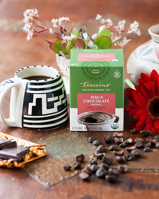 Teeccino Maca Chocolaté Herbal Tea - Adaptogenic Peruvian Maca, Cacao, Chicory, Prebiotic, Caffeine Free, Acid Free, Coffee Alternative, 25 Tea Bags (25 Count (3 Pack))