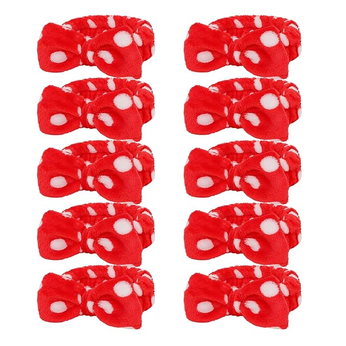 10 Pcs Red Dot Makeup Headbands, Spa Gifts for Women Girls, Soft Coral Fleece Skincare Headband, Bow Hair Bands, Beauty Headbands for Face Washing Shower Skin Care Yoga