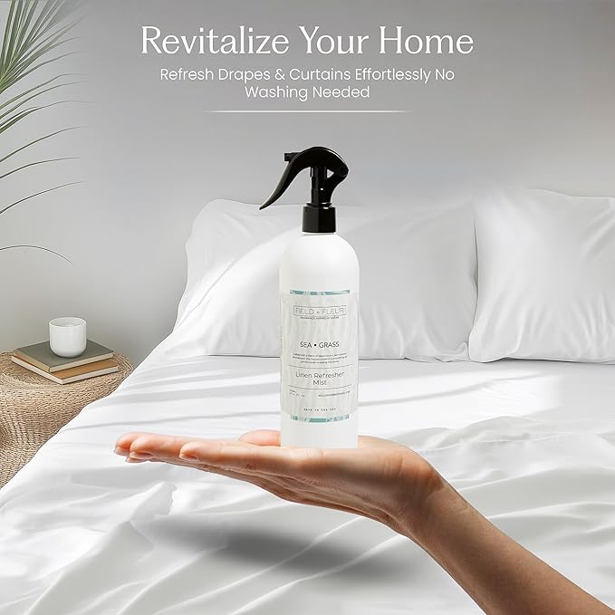 FIELD FLEUR Sea Grass Linen & Room Spray 15.5 oz - Aromatic & Refreshing Bedding & Fabric Mist - Air Freshener for Clothes & Sofas - Notes of Blackcurrant, Jasmine & Sandalwood - Made in USA