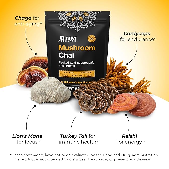 Inner Elevate Mushroom Chai - Ultimate Coffee Alternative - Adaptogenic Mushroom Tea Drink with Lion's Mane, Cordyceps, Chaga, Reishi, Turkey Tail (90 Servings)