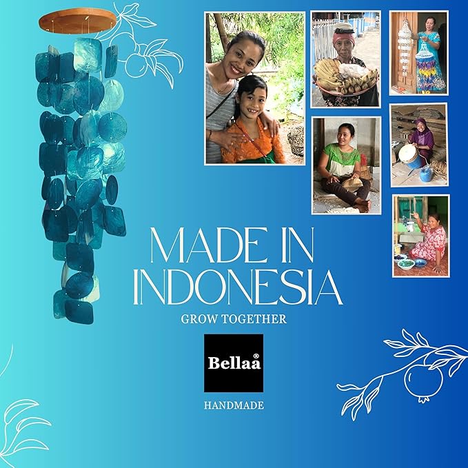 Bellaa 22890 Wind Chimes Outside, Garden Decorations, Musical, Chime, Outdoor Windchimes, Rainbow, Beach, Ocean, Breeze, Gifts for Mom, Gift for All Occasions, Capiz Sea Glass Shells Wood