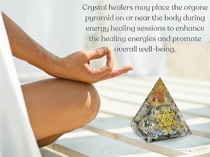 Amazing Gemstone Organite Orgone Pyramid Extra Large 105 MM - Metatron Cube Orgone Energy Pyramid with Rainbow Moonstone Crystals and Healing Stone - Orgonite Pyramids Crystals and Positive Energy