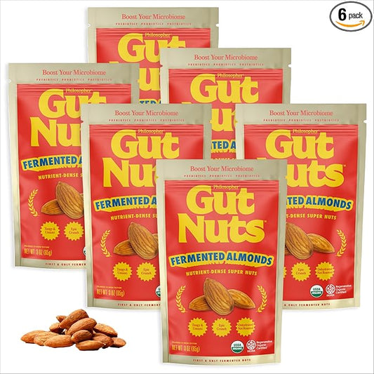 Gut Nuts - Fermented and Sprouted "Sourdough" Almonds for Gut Health - Tangy, Umami, & Salty Flavors - Super Crunchy Low Carb Keto Snacks - Low Sugar Prebiotic & Postbiotic Almond Snacks - 3oz Pouch (6 Pack) - by Philosopher Foods