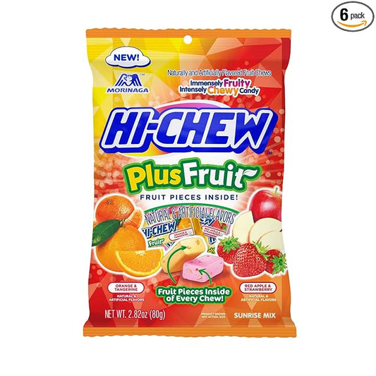 HI-CHEW Plus Fruit Mix, 6 Bags, 2.82oz each - Orange Tangerine Red Apple Strawberry, Unique Fun Soft & Chewy Halloween Candy - Immensely Juicy Fruity Candy Flavors, Individually Wrapped for Sharing