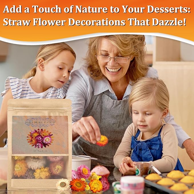 50+ Food Grade Dried Flowers for Cocktails Toppers, Colorful Strawflowers for Cake and Cupcake Decoration, 100% Natural Floral Blend for Drinks, Desserts and Tea Infusions