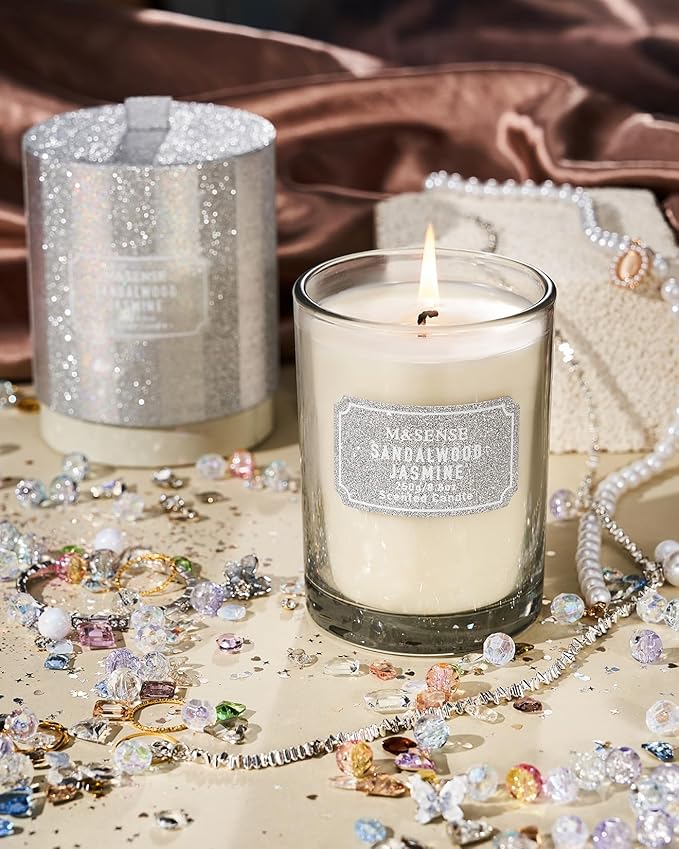 M&SENSE Sandalwood Jasmine Scented Candles, Classic Size 8.8 oz Glitter Jar, Holiday Natural Candles Gifts for Women, 50 Hours Long Burning for Winter Home Decor