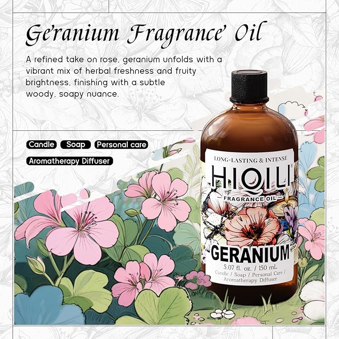HIQILI Geranium Fragrance Oil for Home Diffuser, Relaxation, Essential Oil for Candle & Soap Making, Long-Lasting Scents, Car Freshies - 5.07 Fl Oz