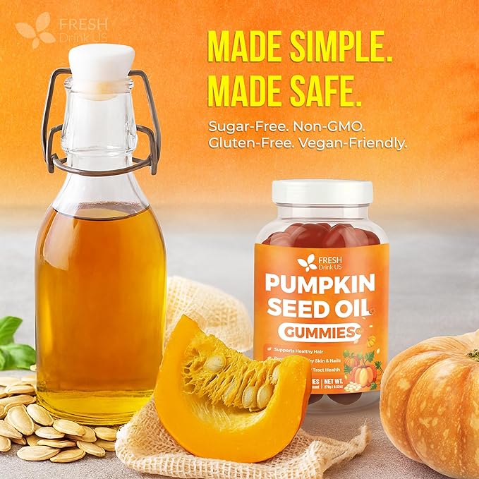 FRESHDRINKUS, Pumpkin Seed Oil Gummies | 90 Count | 4000mg with Zinc & Vitamin C – Plant-Based, Non-GMO, Gluten-Free – Premium Men’s & Women’s Wellness Gummies