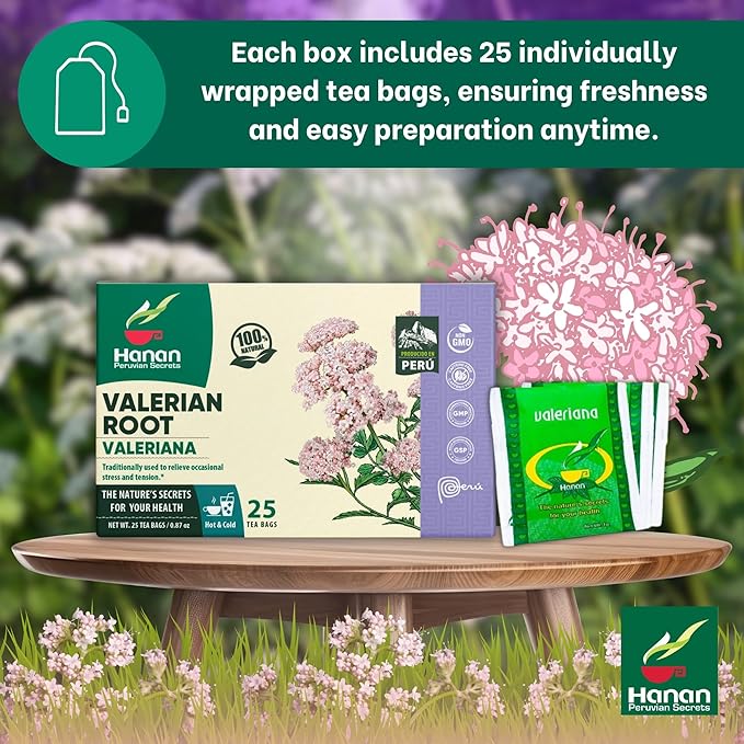 Hanan Valerian Root Tea for Bedtime 25 Bags - Te de Valeriana, Herbal Calming Night Tea - 100% Pure, Caffeine-Free, Non-GMO, Herb from Peru