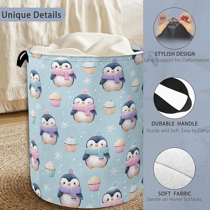 Cute Penguin Laundry Basket,Snowflake Cake Foldable Oxford Cloth Tote Bag Laundry Hamper Clothes Storage Bucket Organizer for Bedroom Laundry Storage Dormitories 16" x 20.8"