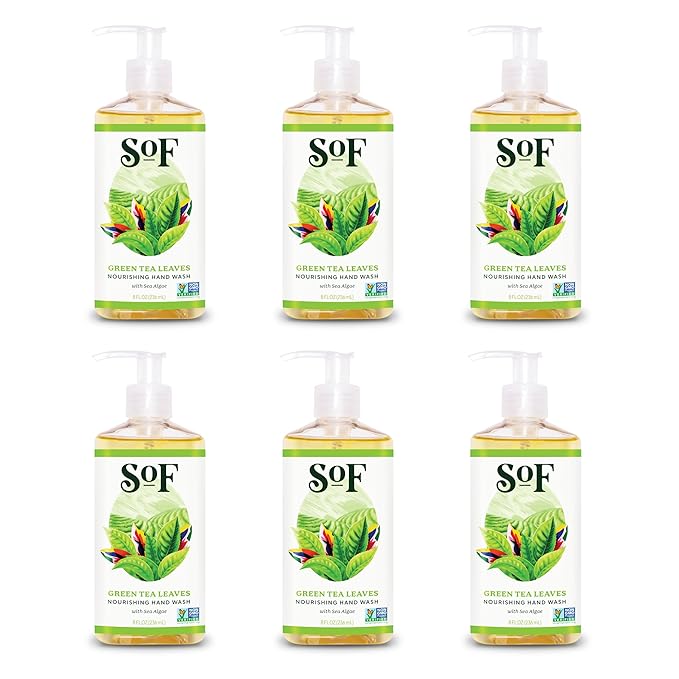 SoF Nourishing Hand Wash - With Moisturizing Sea Algae, Coconut & Olive Oil- Vegan & Non GMO- Free From Phthalates, Sulfates & Parabens- Green Tea Leaves - 8 oz Bottle 6 Pack