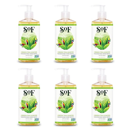 SoF Nourishing Hand Wash - With Moisturizing Sea Algae, Coconut & Olive Oil- Vegan & Non GMO- Free From Phthalates, Sulfates & Parabens- Green Tea Leaves - 8 oz Bottle 6 Pack