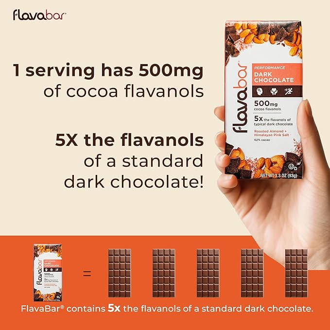 FlavaBar Performance Dark Chocolate | 500mg Cocoa Flavanols | Roasted Almond + Himalayan Pink Salt | 6 Pack, 3.3 oz bars