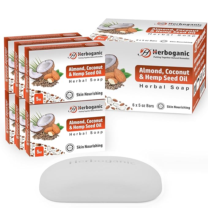 HERBOGANIC Almond, Coconut and Hemp Seed oil Herbal Soap | Pack of 6 of 5oz soap Bar | Ideal for Men and Women, Soothing and Nourishing Soap for Moisturization