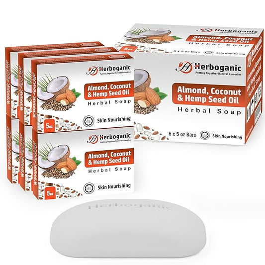 HERBOGANIC Almond, Coconut and Hemp Seed oil Herbal Soap | Pack of 6 of 5oz soap Bar | Ideal for Men and Women, Soothing and Nourishing Soap for Moisturization