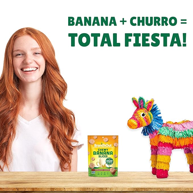 BranchOut Cinnamon Churro Banana Slices, Chewy & Full of Flavor, GentleDry, Better than Freeze Dried Banana Chips, Delicious Vegan Halloween Fruit Snacks for Kids & Adults, 2 oz Snack Size (Pack of 4)