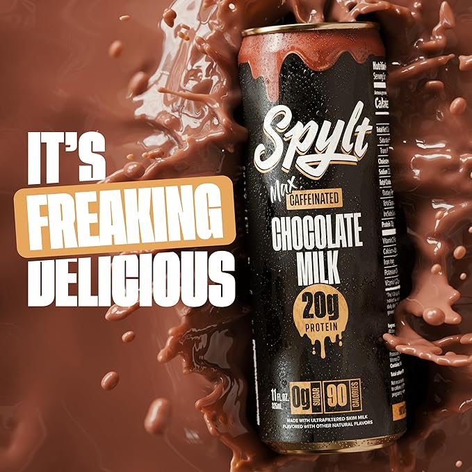 Spylt High Protein Max Chocolate Milk with 140mg Caffeine & 20g Protein - 90 Calories, Ready to Drink, Sugar Free, Lactose Free Milk, Perfect for Workout Recovery & Afternoon Pick Me Up - 12 Count