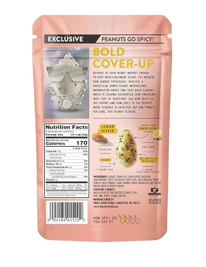 Henrietta Said Wing-Flavored Peanuts - Truly Good Foods Snacking Nuts - Bold Flavors - Savory & Spicy - Jumbo Flavored Peanuts - Protein Packed Vegan Snack - 1 (5-oz) Pack - Lemon Pepper