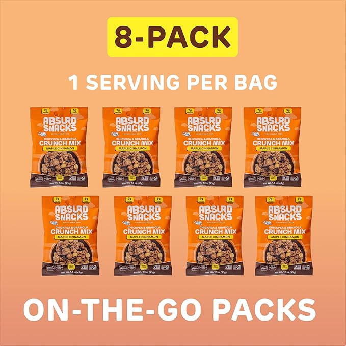 Absurd Snacks Chickpea & Granola Crunch Mix, Nut-Free, Gluten-Free, Plant-Based, Good Source of Protein & Fiber, Top-9 Allergen Free Snack Mix - 8-Pack (1.5 ounce, 8 servings) (8 Pack, Maple Cinnamon)
